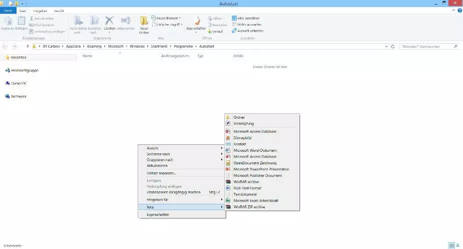 Screenshot des Autostart-Ordners und Auswahl „Neu“