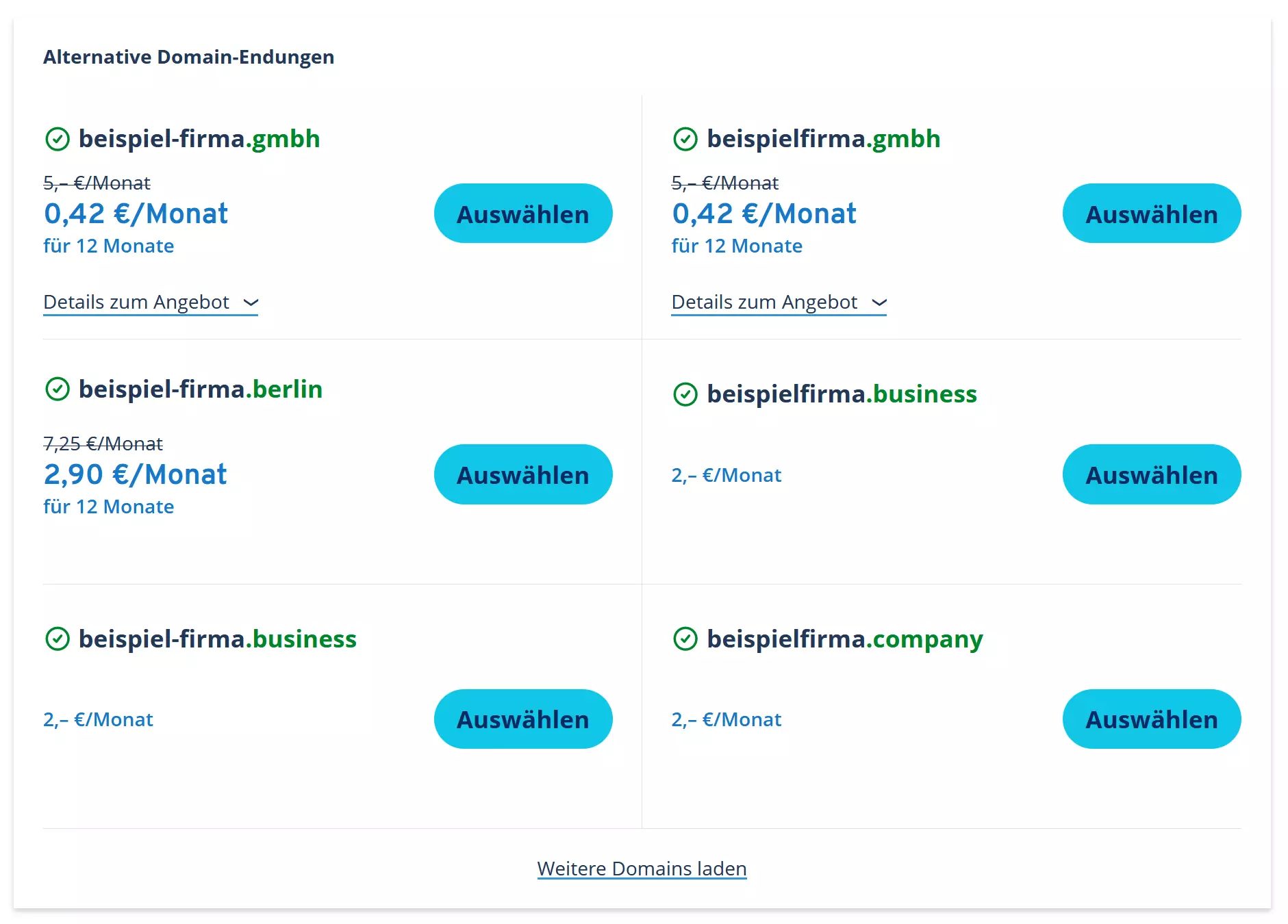 Screenshot von alternativen Domain-Endungen bei IONOS