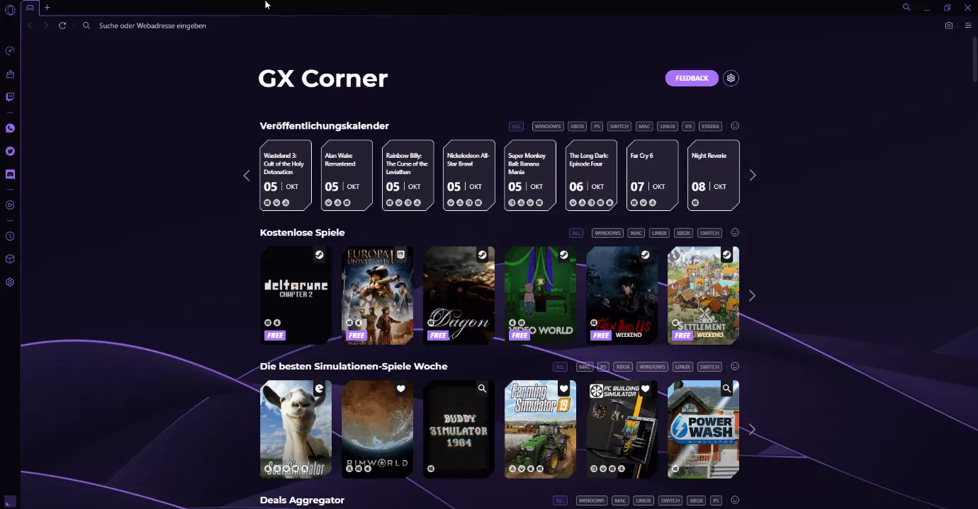 Opera GX: Übersichtsseite für Gamer
