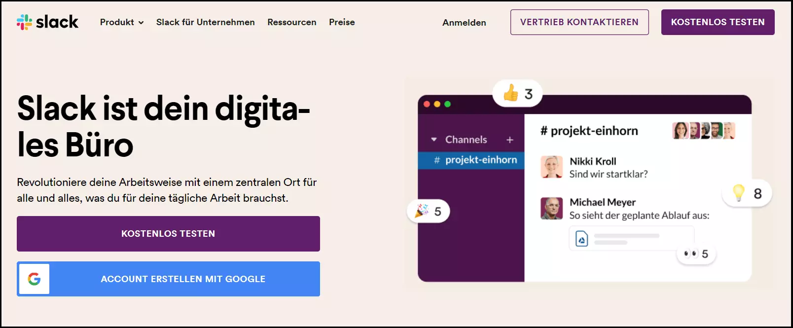 Startseite von Slack