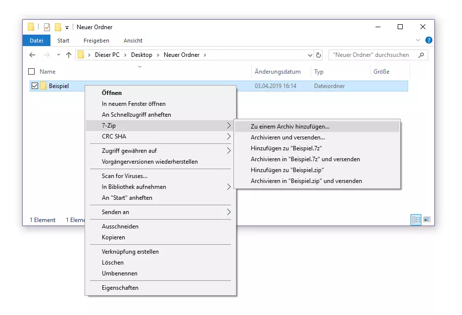 Das Packprogramm 7-Zip im Kontextmenü des Windows Explorers