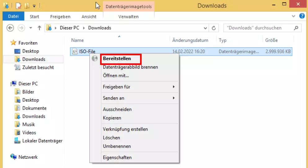 Der Befehl „Bereitstellen“ im Kontextmenü der ISO-Datei