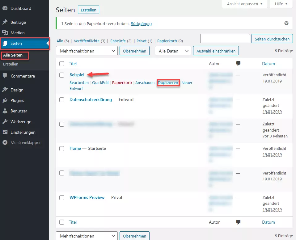 WordPress-Backend: „Seiten“ – „Alle Seiten“, mit der Möglichkeit, eine ausgewählte Seite zu duplizieren