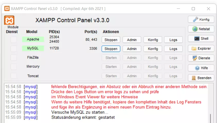 XAMPP Control Panel: Apache und MySQL gestartet