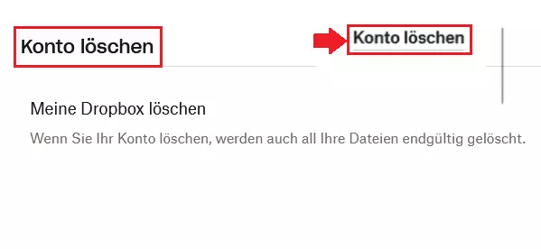 Der Befehl „Konto löschen“ im Dropbox-Konto