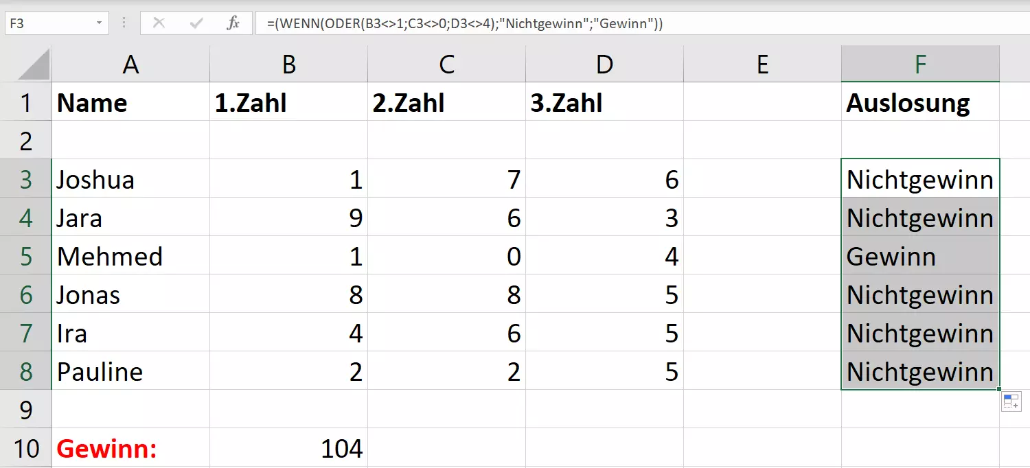 Excel: UNGLEICH-Zeichen in Kombination WENN- und ODER-Funktion