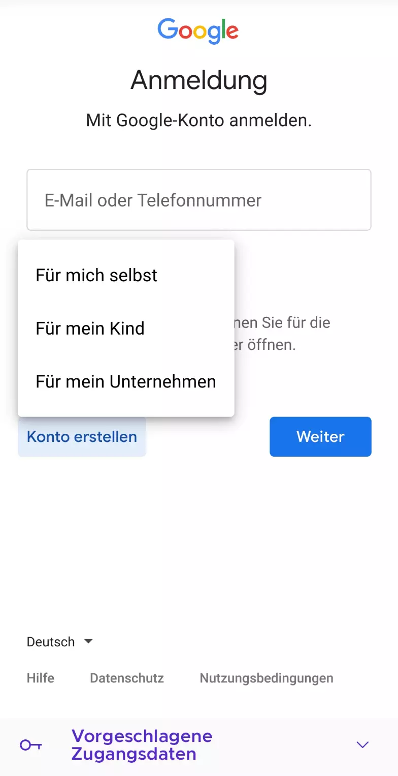 Screenshot zweiter Schritt der Kontoerstellung bei Google