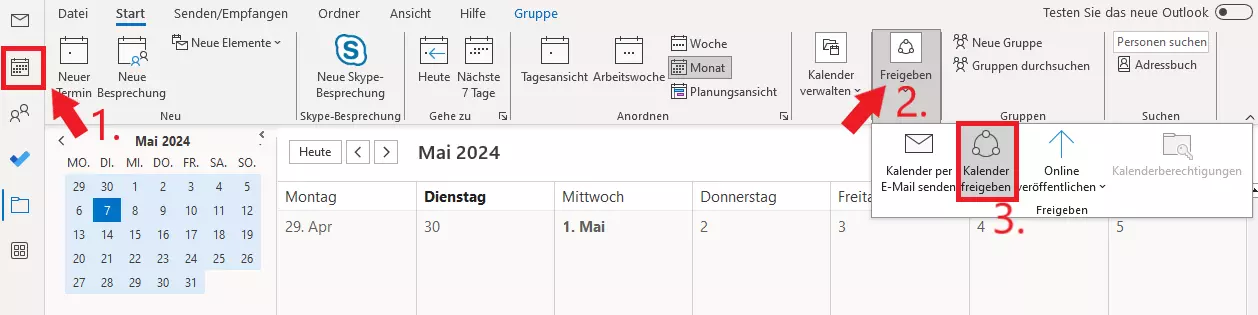 Outlook: Symbolleiste der Kalenderansicht im Register „Start“