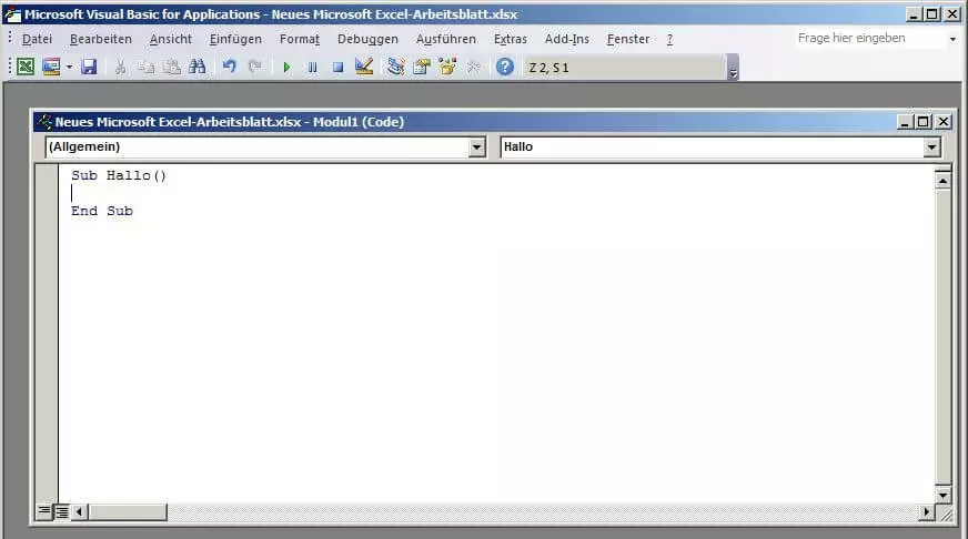 Oberfläche des VBA-Editors mit Code des „Hallo“-Makros