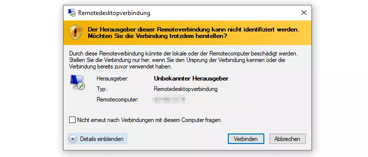 Windows-Dialog: Aufbau der Remote-Verbindung zum Server