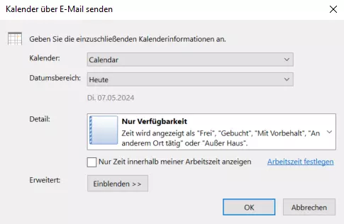 Outlook: Dialogfenster „Kalender über E-Mail senden“