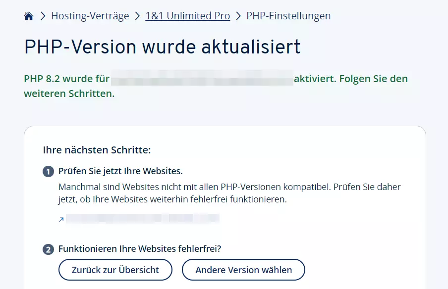 IONOS Kundenkonto: Kündigung des PHP Extended Support