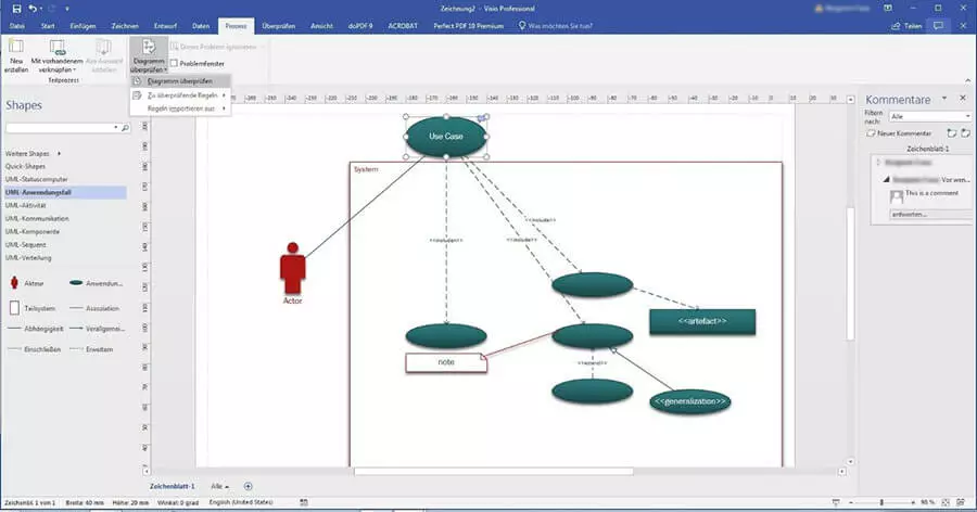 Visio-Professional-Benutzeroberfläche mit Anwendungsfalldiagramm, Formenbibliothek und Kommentarspalte