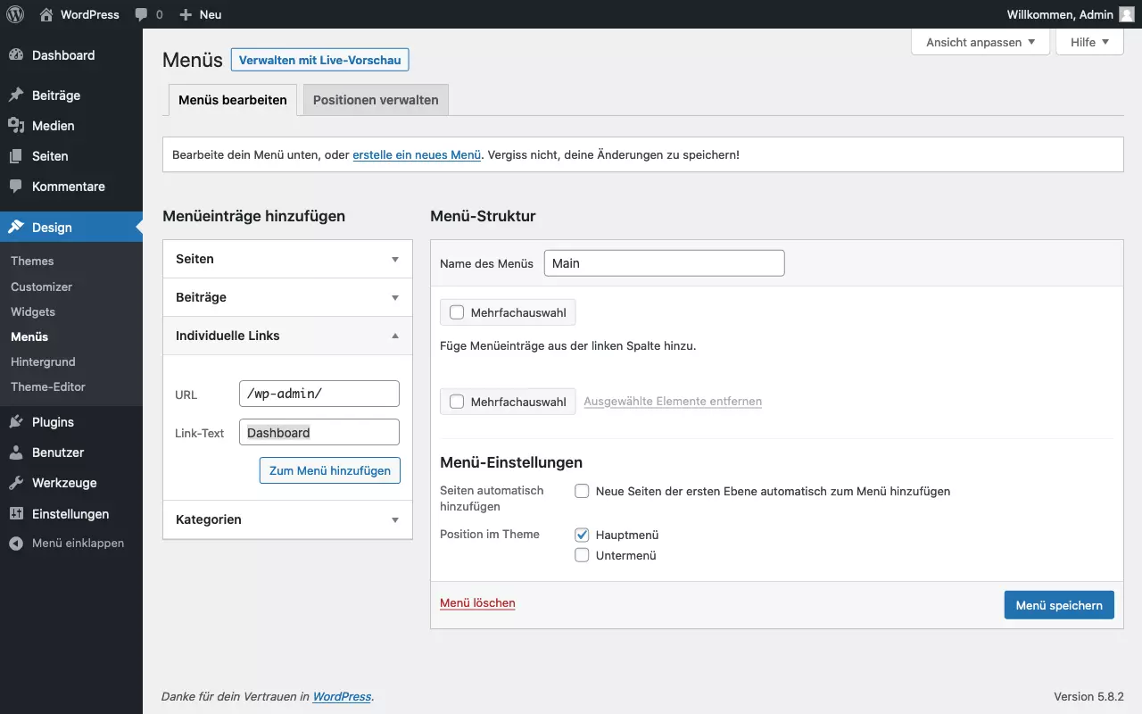 Individuellen Link zum WordPress-Dashboard definieren.