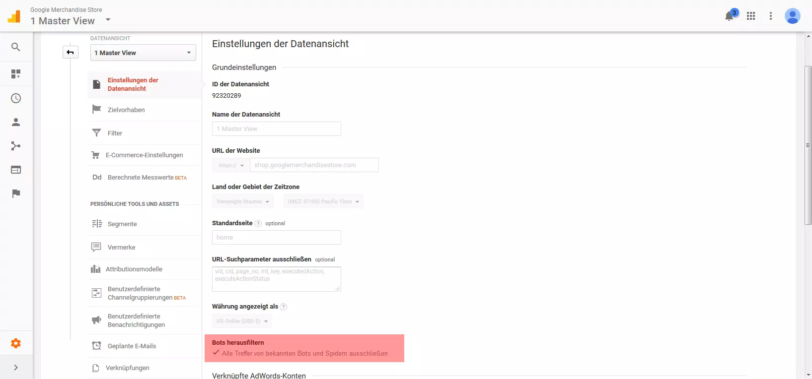 Google-Analytics-Demokonto: Einstellungen der Datenansicht