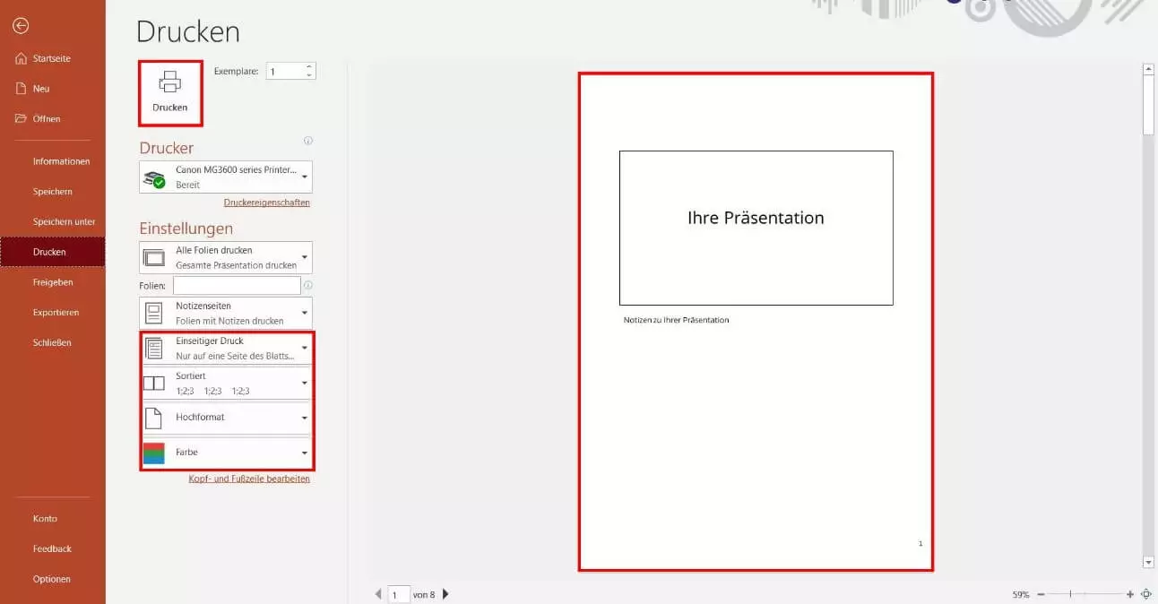 PowerPoint drucken mit Notizen: Druckeinstellungen