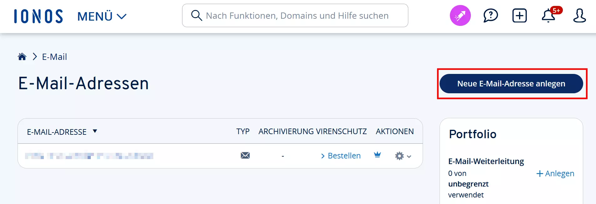 Screenshot des IONOS-Kontrollbereichs für E-Mail-Konten