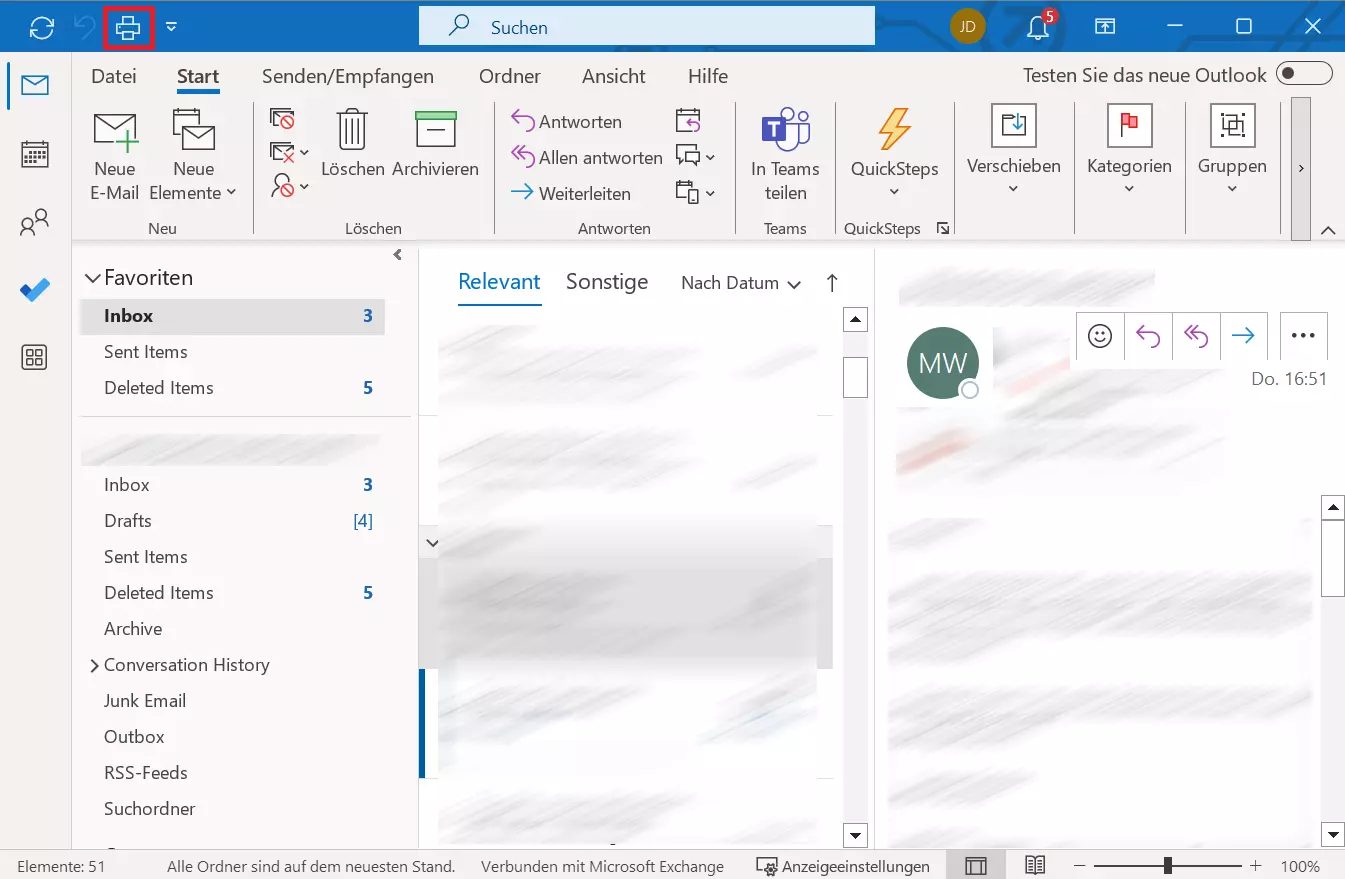 Outlook mit dem „Drucken“-Symbol in der blauen Symbolleiste.