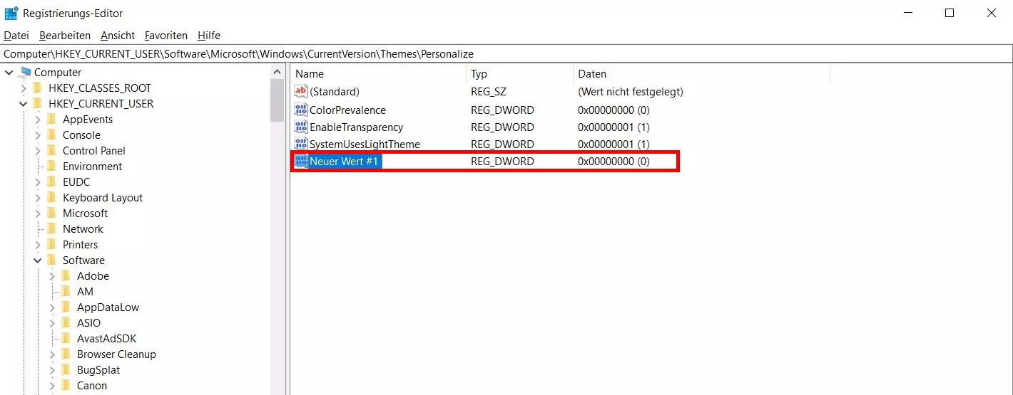 Windows 10: Neuer Wert im Registrierungs-Editor