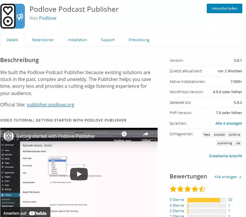 Screenshot des Podlove Podcast Plugins bei WordPress