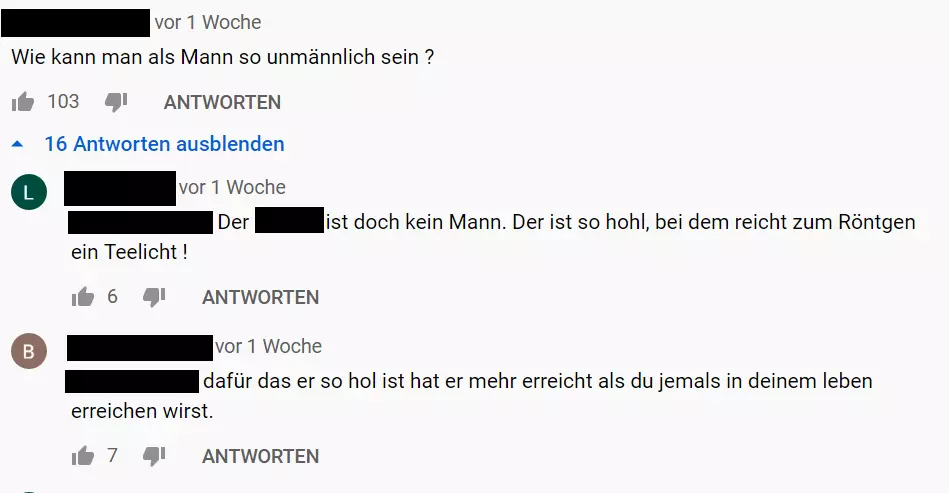 Beleidigende Kommentare unter einem YouTube-Video