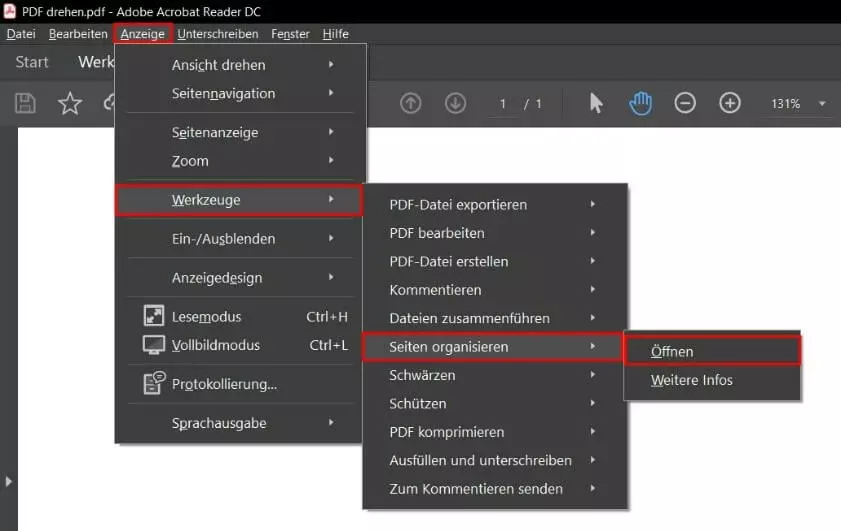 Adobe Acrobat Reader: Werkzeuge > Seiten organisieren