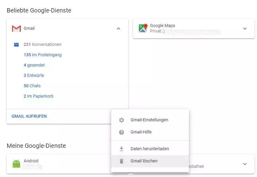 „Gmail löschen“ anklicken