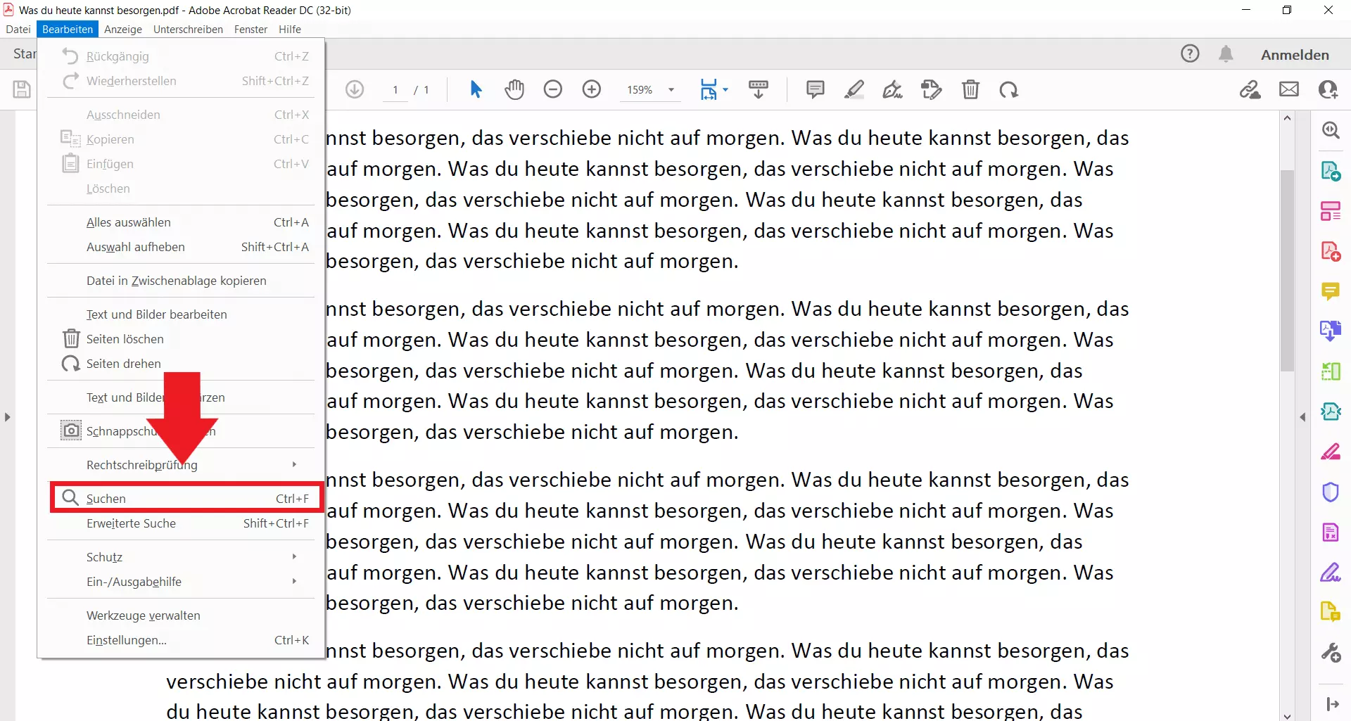 Suchfunktion im Adobe Acrobat Reader über das Bearbeiten-Menü aufrufen