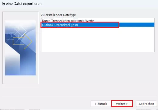 Import/Export-Assistent von Outlook: Auswahl des Dateityps