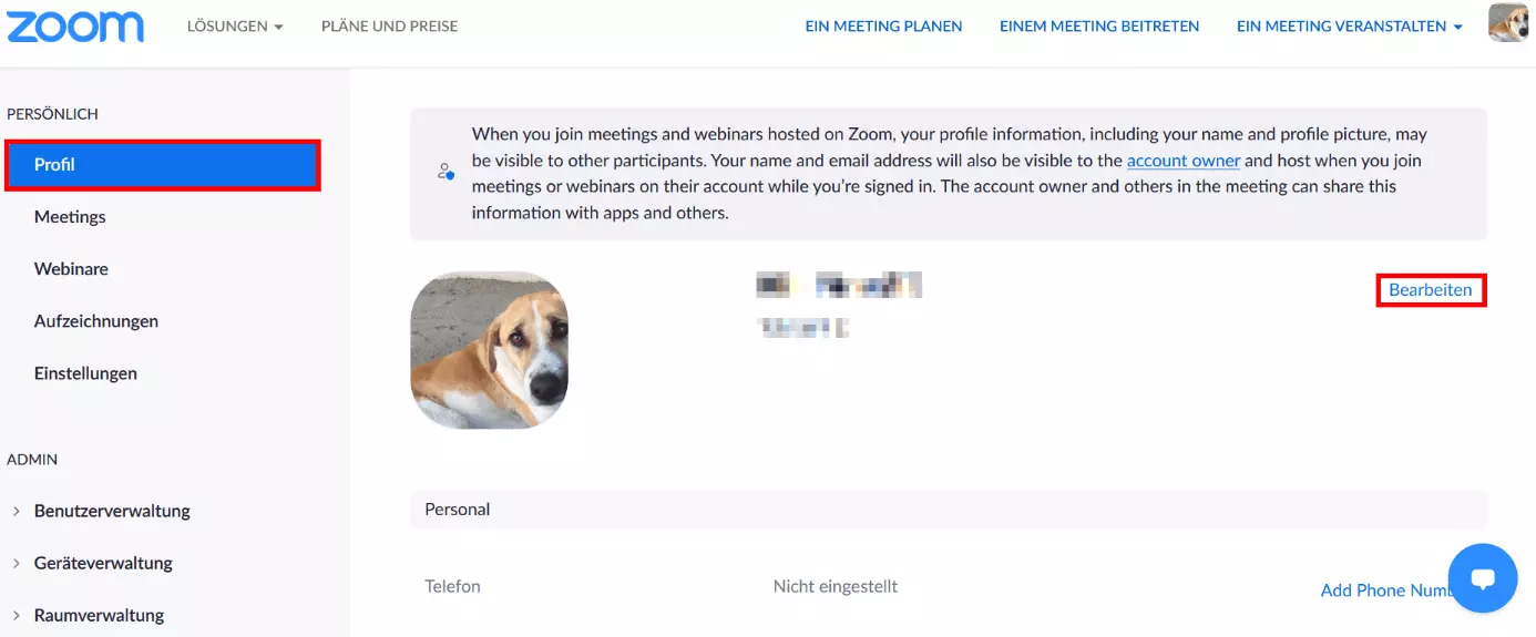 Profil-Einstellungen im Webportal, um den Zoom-Namen zu ändern