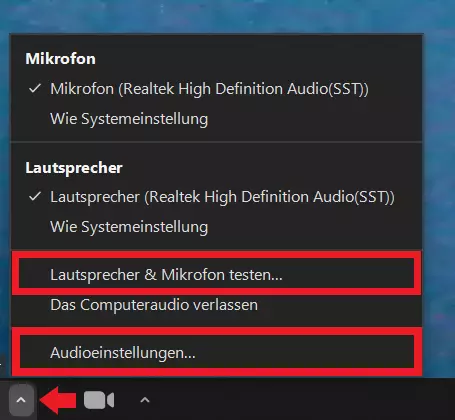 Klicken Sie auf den Pfeil neben dem Mikrofonsymbol, um Audioeinstellungen zu öffnen