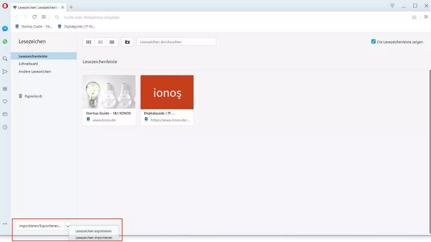 Lesezeichen-Manager von Opera: „Importieren/Exportieren“-Button