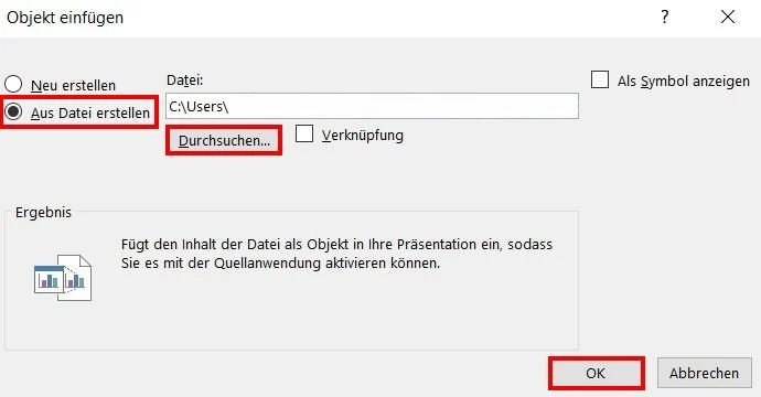 PowerPoint Objekt einfügen: Aus Datei erstellen 