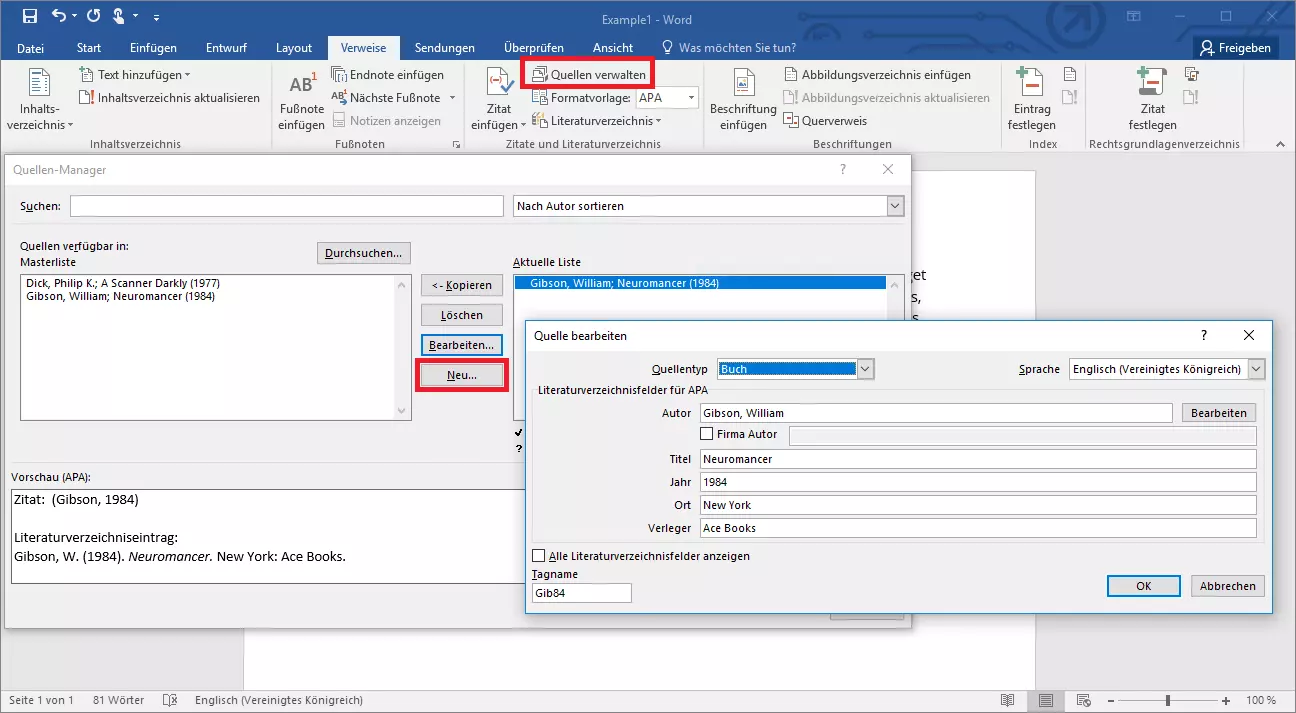 Quellen-Manager in Word