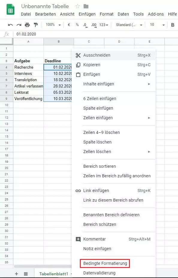 Google Sheets: Tabelle mit ausgewähltem Bereich