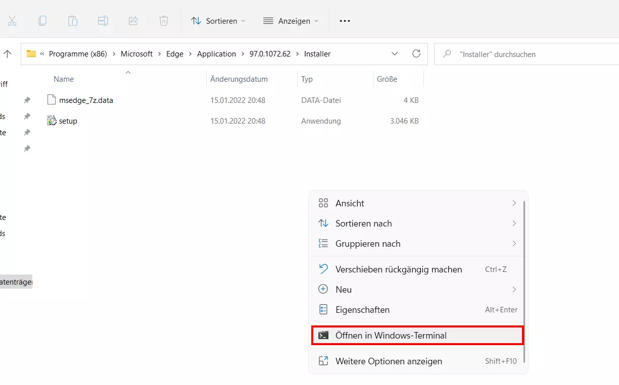 Windows-Kontextmenü im Edge-Ordner