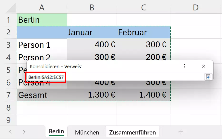 Zusammenzuführende Tabelleninhalte markieren