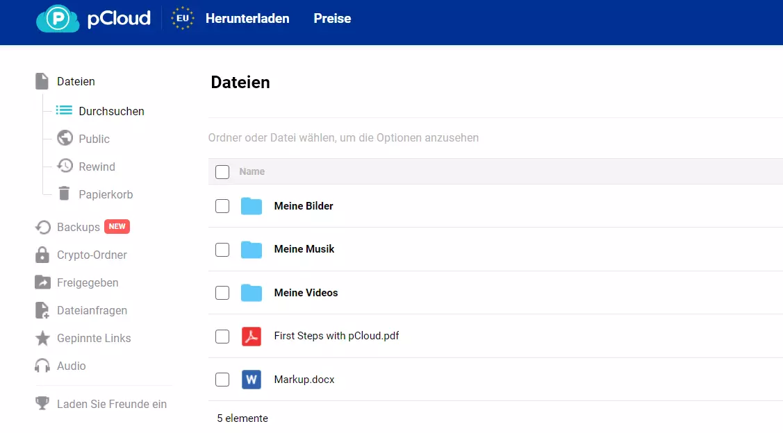 pCloud: Dateiübersicht in der Web-App