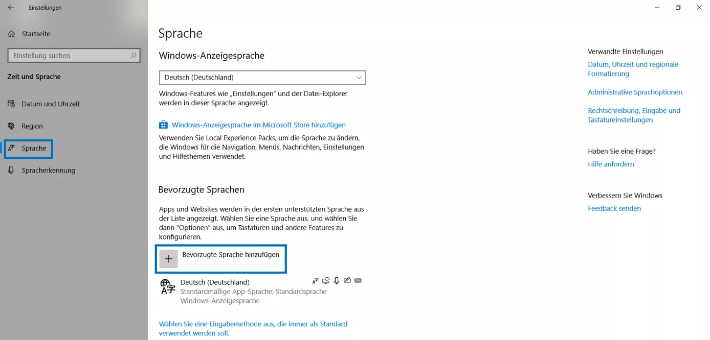 Windows-Einstellungen für Sprachoptionen