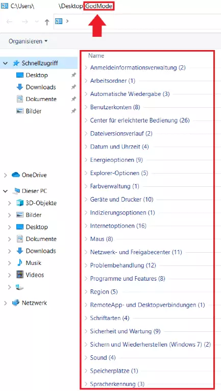 Window-10-God-Mode-Ordner mit 250 Einstellungen der Systemsteuerung