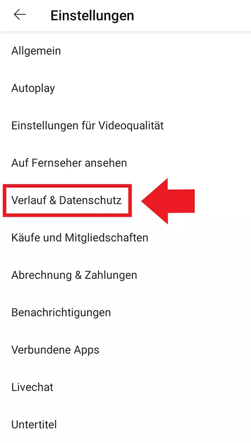 YouTube-App-Einstellungen: „Verlauf & Datenschutz“