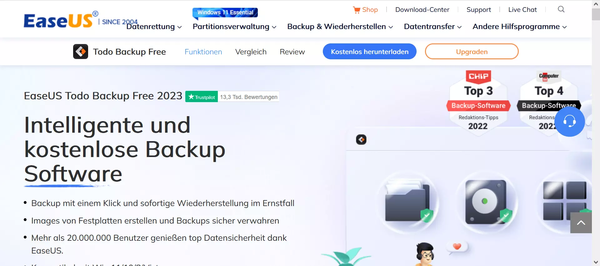 Screenshot der EaseUS Todo Backup Free Website