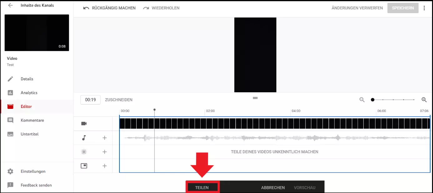 Die blaue Zeitleiste zum Zurechtschneiden eines Videos