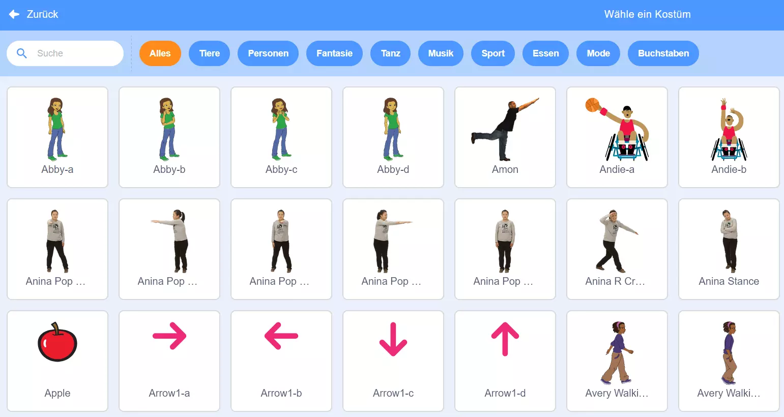 Scratch: Menü zur Kostümauswahl