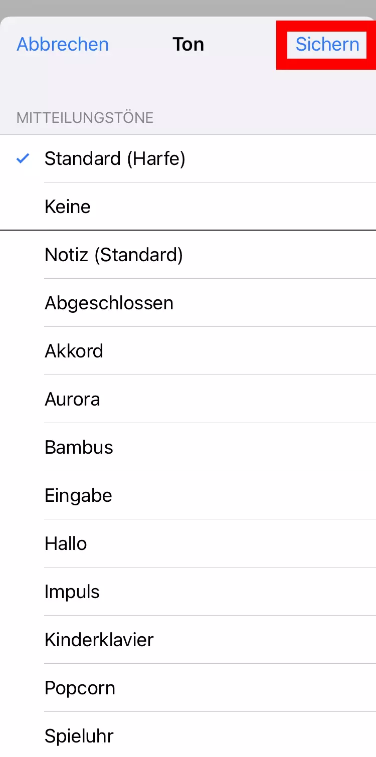 iPhone-Screenshot der Auswahl von Mitteilungstönen in WhatsApp
