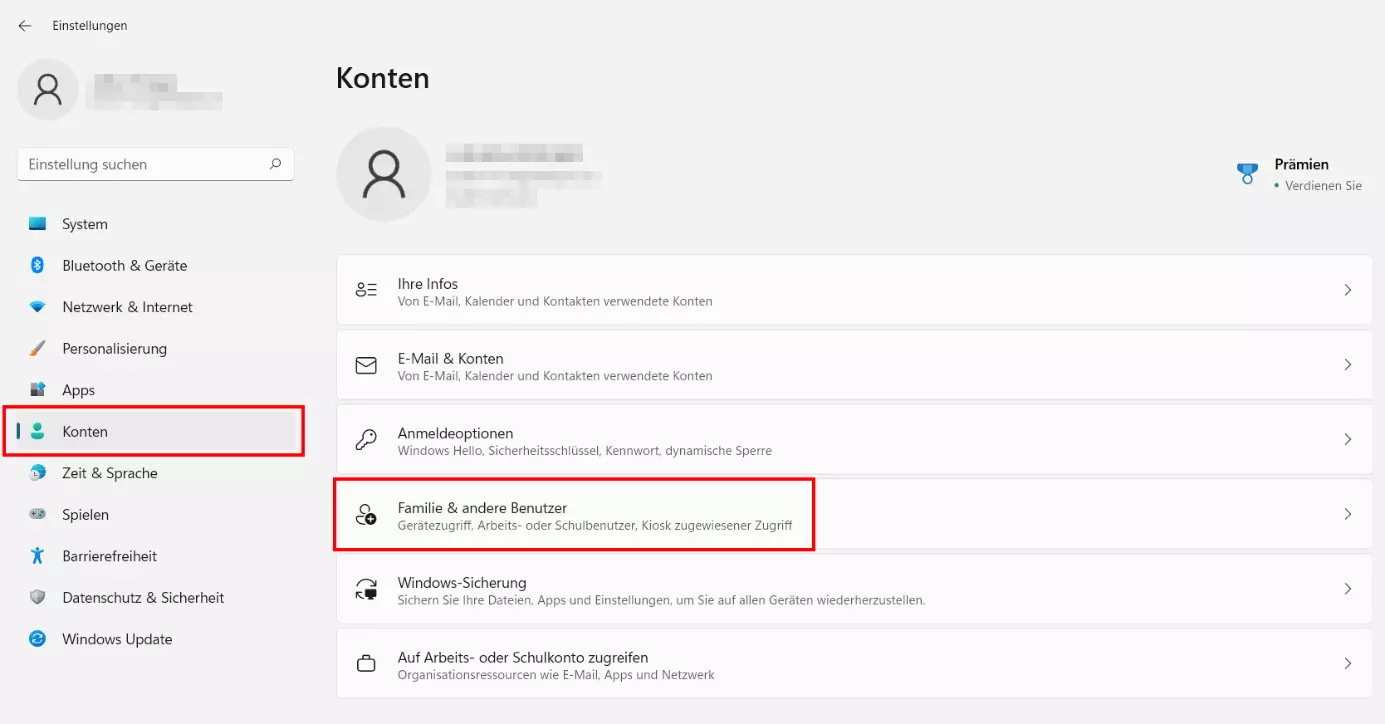 Windows 11: „Familie & andere Benutzer“-Eintrag