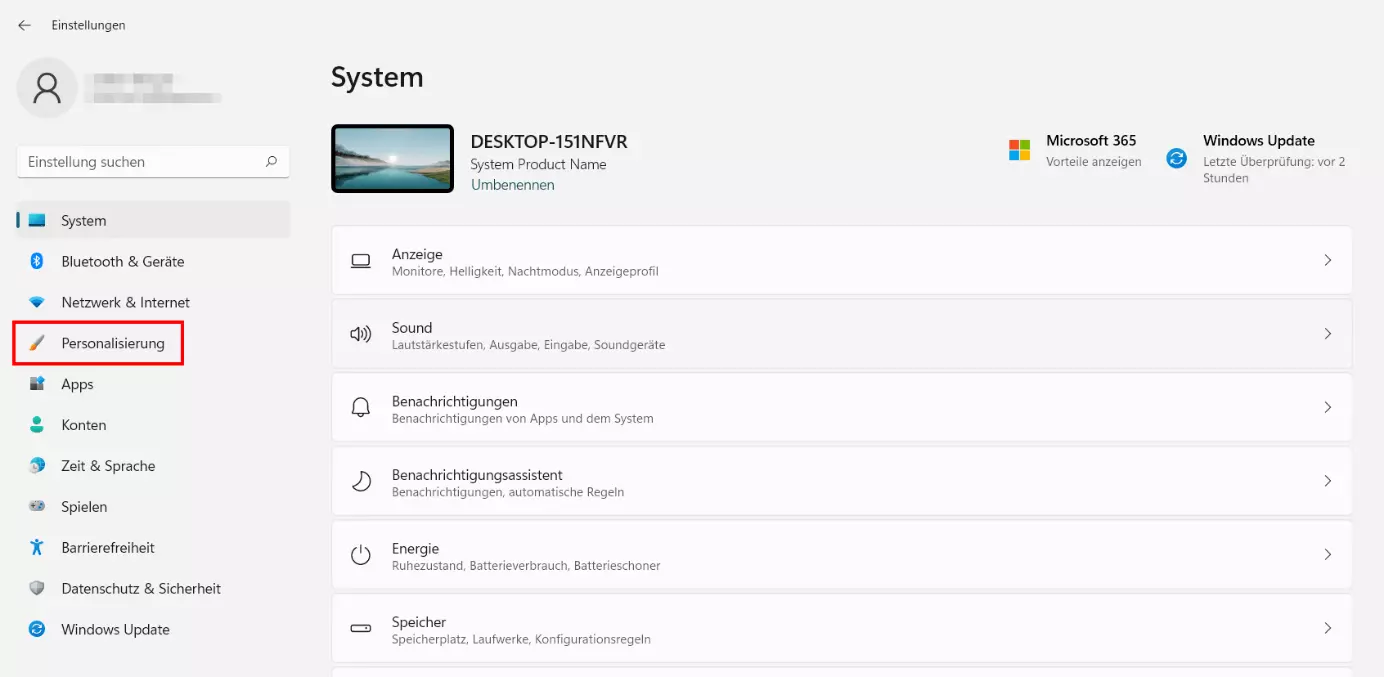 Windows 11: „Personalisierung“-Eintrag in den Einstellungen