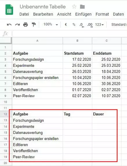 Google Sheets: Gantt-Diagramm-Grundgerüst