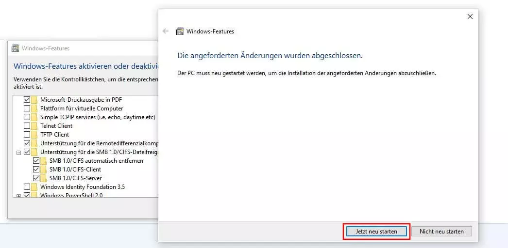 Windows 10: Neustart-Dialog