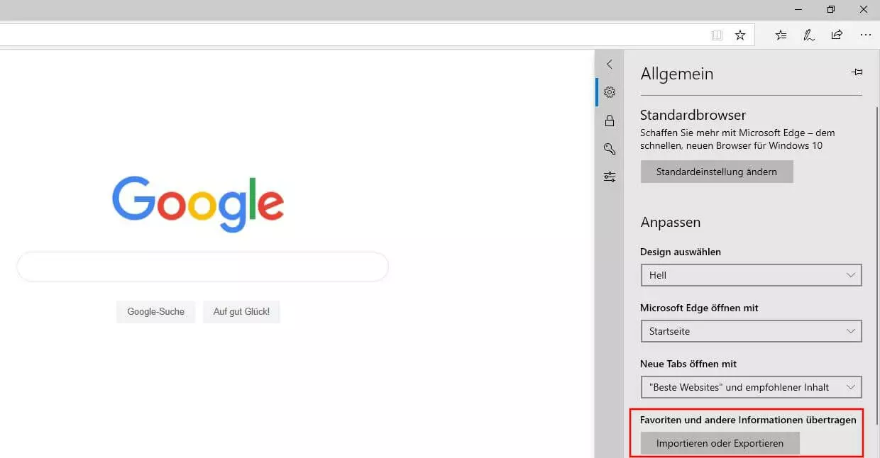 Menü „Allgemein“ in Microsoft Edge